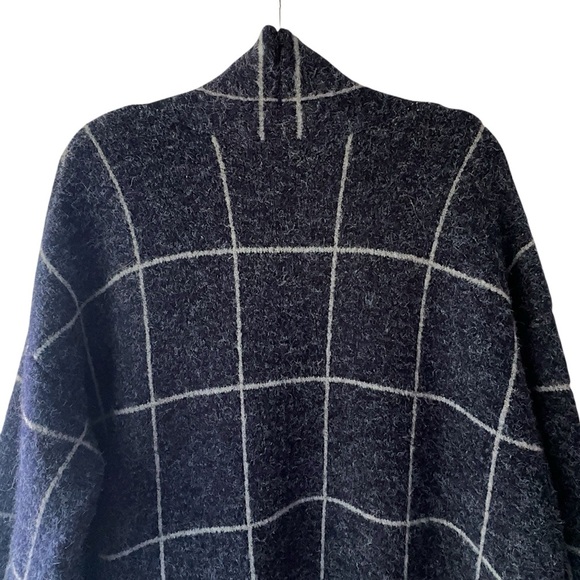 CYRUS | NWOT WINDOWPANE OPEN FRONT LONG SWEATER COAT NAVY BLUE & GRAY | LARGE - Picture 7 of 10